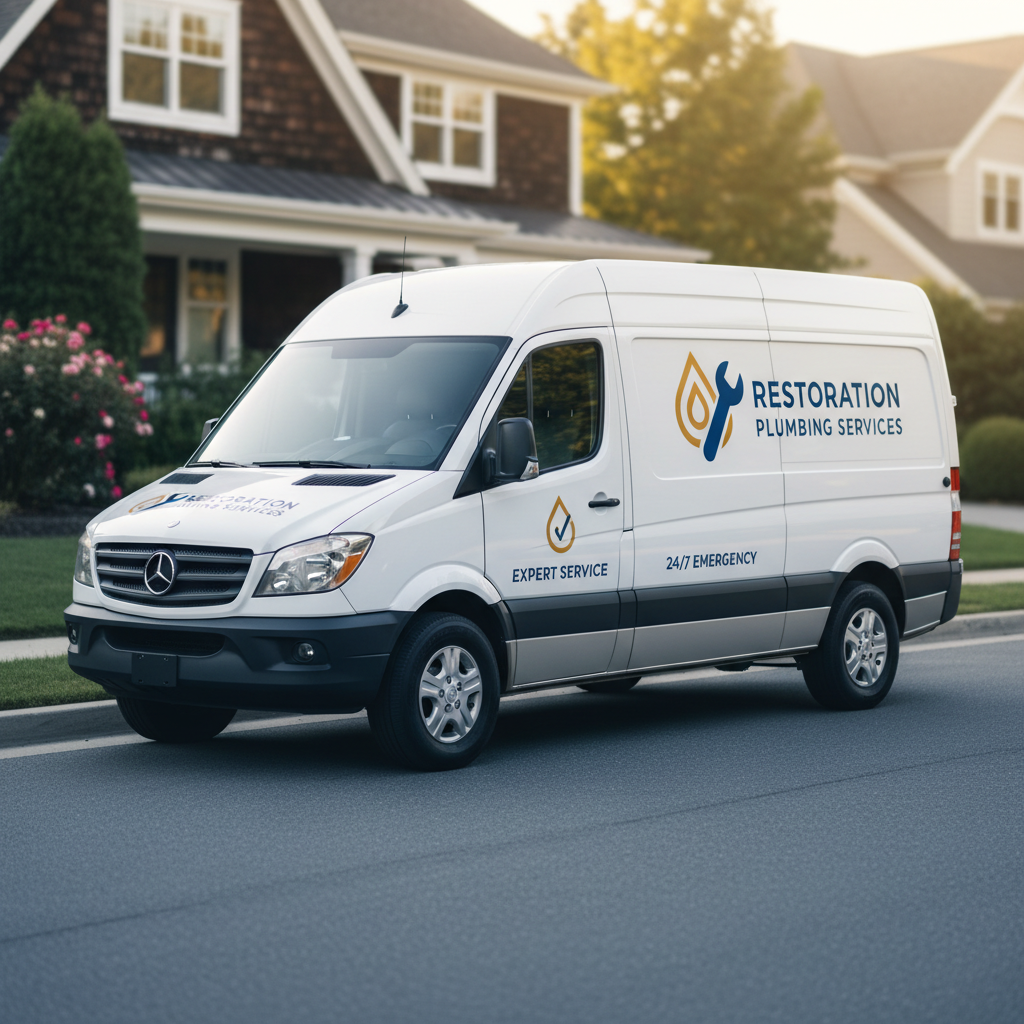 Professional Restoration Plumbing Services van in front of suburban home